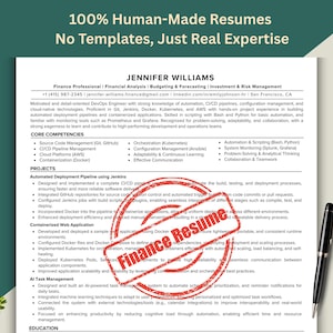 May include: A resume for Jennifer Williams, a finance professional, with the text "100% Human-Made Resumes, No Templates, Just Real Expertise." The resume includes a "Finance Resume" stamp.
