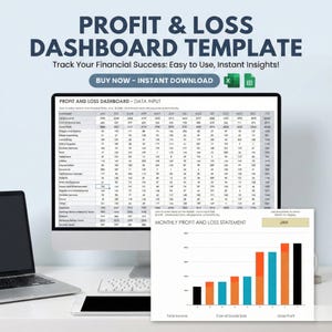 May include: A computer monitor displays a profit and loss dashboard template with financial data. The text reads "PROFIT & LOSS DASHBOARD TEMPLATE" and "BUY NOW - INSTANT DOWNLOAD". A laptop and tablet are also visible.