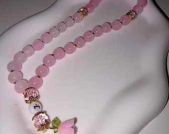 Tasbih personalizzato, rosario rotondo rosa da 8 mm con 33 grani e nome personalizzato, regalo rosario, rosario islamico, dettagli in oro, rosario, Eid Qurbani