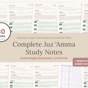 Op de afbeelding: Een verzameling studienotities voor Juz Amma met 80 pagina's en 37 surahs in A4 PDF-formaat. Het document bevat klassieke Tafsir, een Arabische woordenlijst en tekstkoppen zoals An-Naba, An-Nazi'at, Al-Mutaffifin, Al-Balad en At-Takwir.