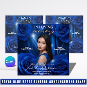 Op de afbeelding: Een rouwadvertentie flyer met een portret van een vrouw, omringd door koningsblauwe rozen. De tekst luidt "In Loving Memory" en bevat de naam "Judith Paterson" en evenementdetails. De onderste banner luidt "Royal Blue Roses Funeral Announcement Flyer."