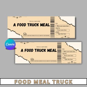 Food meal  truck ticket  template, editable food voucher, printable food truck menu pass, custom meal ticket, unique food truck gift idea