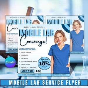 May include: A light blue flyer for a mobile lab service, featuring a woman in blue scrubs. The flyer includes the text "Mobile Lab Concierge!" and lists services such as routine labwork and drug testing. A 10% discount is advertised.