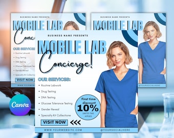 Może przedstawiać: Jasnoniebieska ulotka reklamująca mobilną usługę laboratoryjną, z kobietą w niebieskim fartuchu. Ulotka zawiera tekst "Mobile Lab Concierge!" i wymienia usługi, takie jak rutynowe badania laboratoryjne i testy na obecność narkotyków. Reklamowany jest rabat 10%.