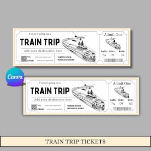 Puede incluir: Dos billetes de viaje en tren de estilo vintage con texto e ilustraciones en negro sobre fondo crema. Cada billete tiene espacio para añadir un destino, una fecha y un mensaje. Los billetes dicen "Admit One" e incluyen puerta, asiento y número de fila.