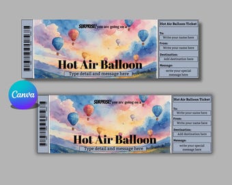 Könnte beinhalten: Zwei Heißluftballon-Tickets mit Aquarelldesign. Die Tickets zeigen bunte Ballons, den Text "Hot Air Balloon" und Platz zum Hinzufügen von Details. Auf den Tickets steht auch "SURPRISE! you are going on a".