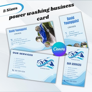 May include: Business card design for a power washing service. The cards feature the name "David Youngquist" and a logo with a house and water stream. Services include roof cleaning, graffiti removal, and more. The design includes a Canva logo.