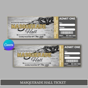 Editable Elegant Masquerade Senior Prom Ticket | Custom Digital Masquerade Ball Invite | Elegant Masquerade Ball Ticket Template