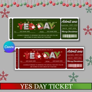 以下が含まれることがあります： クリスマスをテーマにした2枚の「Yes Day」チケット。チケットは緑と赤で、お祝いのテキストとサンタクロースのイラストが描かれています。各チケットには名前を追加するセクションとバーコードがあります。「Marry Christmas」の文字も表示されています。