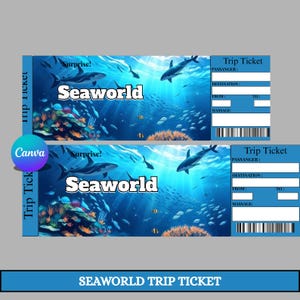 以下が含まれることがあります： サメ、魚、サンゴ礁が描かれた水中シーンが特徴の、Seaworldの旅行券2枚。チケットには青い縁取りがあり、乗客、目的地、メッセージのフィールドが含まれています。「Seaworld」の文字が大きく表示されています。