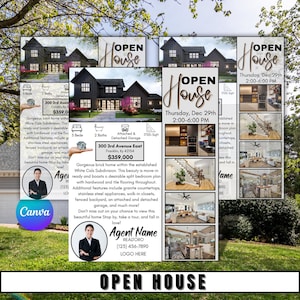 Puede incluir: Un anuncio de jornada de puertas abiertas con una casa negra moderna con molduras blancas. El folleto incluye detalles como la dirección, la fecha, la hora y la información del agente. El texto "Open House" se muestra de forma destacada.
