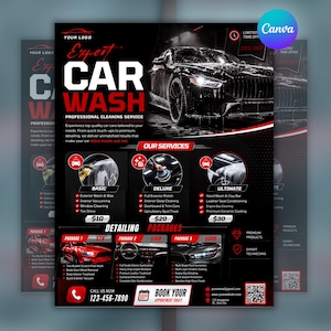 May include: A black and red flyer for an expert car wash service. The design features a car being washed, service tiers labelled Basic, Deluxe, and Ultimate with prices, and detailing packages. Text includes Expert Car Wash, Our Services, and contact info.