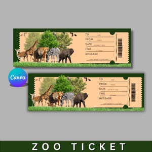 Pode incluir: Dois bilhetes de zoo com fundo bege e borda verde. Os bilhetes apresentam ilustrações de vários animais, incluindo uma girafa, um leão, uma zebra e um elefante. O texto "ZOO TICKET" está na parte inferior.