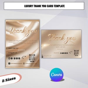 May include: Two luxury thank you card templates in gold and white. The cards feature the words "Thank you" in elegant script. The cards include social media icons, a QR code, and the text "Leave a review".