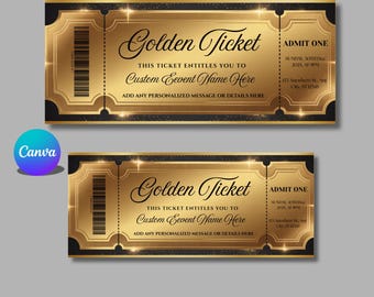 Plantilla de boleto dorado, plantilla imprimible y editable, boleto dorado para evento, plantilla editable para regalo de cumpleaños, Canva editable