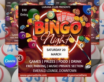 May include: A promotional flyer for a Bingo Night event. The design features the words "Bingo Night" in a stylized font, along with bingo balls, chips, and cards. The flyer includes event details such as the date, time, and location.
