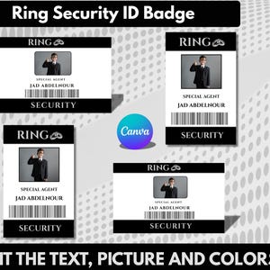May include: Four white security ID badges with black borders. Each badge features a photo of a person, the text "RING", "SPECIAL AGENT", and "SECURITY". The text "JAD ABDELNOUR" is also displayed. The bottom of the image reads "EDIT THE TEXT, PICTURE AND COLORS".