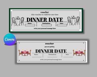 May include: Two dinner date vouchers with a green and white border. The vouchers have a restaurant table illustration and text fields for name, destination, and date. The text "Dinner Date" is prominently displayed.