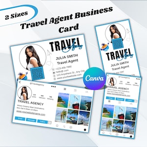 Könnte beinhalten: Visitenkarten-Design für einen Reisebüroangestellten. Die Karte zeigt ein Foto einer Frau, den Text "TRAVEL AGENCY", Kontaktinformationen und einen QR-Code. Das Design beinhaltet Social-Media-Mockups.