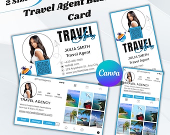 Reisebüro-Visitenkarten, Instagram-Visitenkarte, DIY Canva-Visitenkarte Reiseagent, QR-Code-Visitenkarte, bearbeitbare Canva-Vorlage