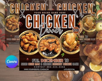 May include: A flyer promoting a chicken dinner, featuring images of fried chicken, grilled chicken, and a whole roasted chicken. The flyer includes the text "Chicken Dinner" and details for the event, including the date, sides, and contact information.