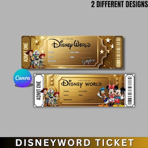 May include: Two gold-coloured Disney World tickets with different character designs. One features Toy Story characters, the other Mickey and Minnie Mouse with Donald Duck. Each ticket has space for name, date, and message.