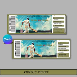 Pode incluir: Dois bilhetes de críquete com uma borda verde e bege. Os bilhetes apresentam um jogador de críquete em ação, com o texto "SURPRISE! YOU ARE GOING TO SEE TEAM VS TEAM." Cada bilhete tem campos para destinatário, local, data, hora e mensagem.