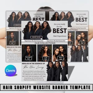 May include: A website banner template for a hair shop, featuring images of women with various hairstyles. The banner includes text that reads "Are you ready for the BEST Hair Experience?" and "Our Collections," with options for straight, curly, and wavy hair.