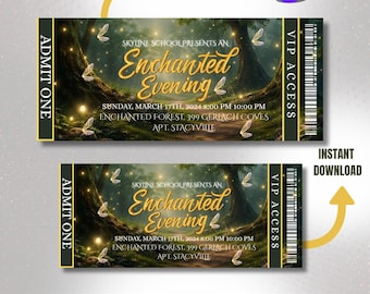 Modèle de billet pour le bal de la forêt enchantée, billet pour un événement modifiable sur toile, billet de danse scolaire vert émeraude, billet pour le bal de promo