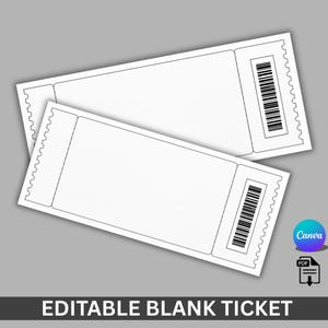 Könnte beinhalten: Zwei rechteckige, weiße Blanko-Tickets mit perforierten Rändern und einem schwarzen Strichcode auf der rechten Seite. Die Tickets bieten einen großen, leeren Bereich in der Mitte für individuellen Text. Ein Canva-Logo und ein PDF-Symbol sind enthalten.
