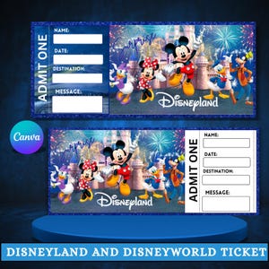 Puede incluir: Dos boletos azules de Disneyland con ilustraciones de Mickey Mouse, Minnie Mouse, Donald Duck y Goofy. Cada boleto tiene secciones para nombre, fecha, destino y un mensaje. El texto "ADMIT ONE" es visible.