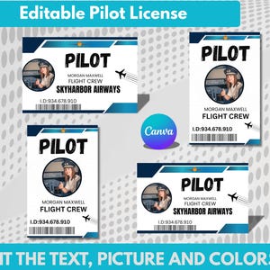 Peut inclure: Quatre cartes d'identification de pilote avec un design bleu et blanc. Chaque carte présente une photo, le mot "PILOT" et le texte "MORGAN MAXWELL FLIGHT CREW SKYHARBOR AIRWAYS" et "I.D:934.678.910". Le texte "EDIT THE TEXT, PICTURE AND COLORS" est en bas.