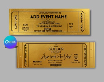 Plantilla de vale regalo personalizado Golden Ticket / Boleto personalizado imprimible para regalos sorpresa de experiencias navideñas