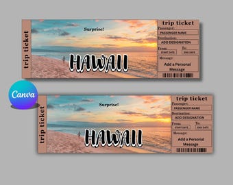 May include: Two "Hawaii" trip tickets with a beach sunset background. The tickets have text fields for passenger name, destination, and a personal message. The tickets say "Surprise!" and "Hawaii".
