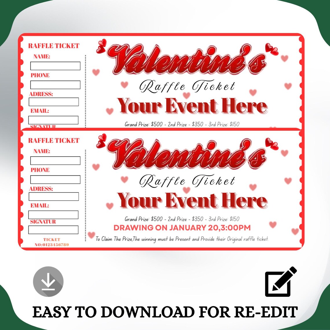 Editable Valentine Raffle Ticket Template, Editable Love Coupon Tickets ...