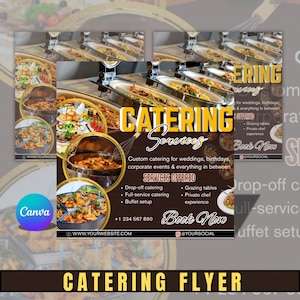 May include: A catering services flyer with a brown and gold color scheme. The flyer includes images of food and catering equipment. Text on the flyer includes "Catering Services", "Services Offered", and contact information.