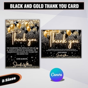 Può includere: Biglietti di ringraziamento neri e dorati con sfondo glitterato e decorazioni a palloncino. Le carte presentano il testo "Thank you" in elegante scrittura, con testo aggiuntivo sottostante. Il design include due dimensioni.