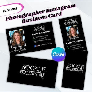 以下が含まれることがあります： 白文字と写真が入った黒い名刺。カードには「Photographer Instagram Business Card」の文字、「SOCAL REALESTATE」のロゴ、連絡先が表示されています。カードには「EST 2026」と記載されています。
