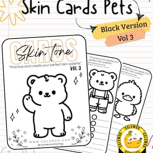 Op de afbeelding: Oefenkaarten om in te kleuren met zwart-witte lijntekeningen van een beer en een eend. De tekst luidt Practice Cards Skin Cards Pets Black Version Vol 3, Skin Tone, Practice and create your perfect skin palette en www.colemoo.com.
