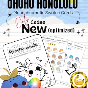 May include: A set of Ohuhu Honolulu 48 Mid-Tones Monochromatic Swatch Cards featuring a blue berry character, a color wheel, and text including 48 MID-TONES, OHUHU HONOLULU, Monochromatic Swatch Cards, New codes, Palette, Autumn Dream, and Gentle Storm.