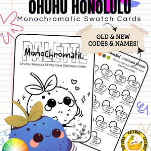 May include: A set of 48 Ohuhu Honolulu mid-tone monochromatic swatch cards featuring a blue cartoon berry character, a black and white line art illustration, and a color wheel. The text includes 48 MID TONES OHUHU HONOLULU, OLD & NEW CODES & NAMES!