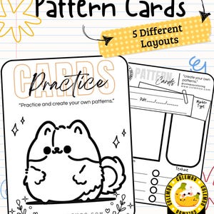 Könnte beinhalten: Übungskarten mit Mustervorlagen, die eine schwarz-weiße Strichzeichnung eines flauschigen Hundes zeigen. Die Karten enthalten den Text Practice Cards, Pattern Cards, 5 Different Layouts, Practice and create your own patterns.
