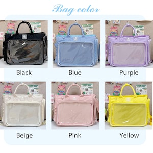 May include: A collection of six tote bags in various colors: black, blue, purple, beige, pink, and yellow. Each bag has a clear front pocket and a top handle. The text "Bag color" is at the top.