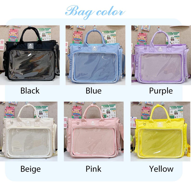 May include: A collection of six tote bags in various colors: black, blue, purple, beige, pink, and yellow. Each bag has a clear front pocket and a top handle. The text "Bag color" is at the top.