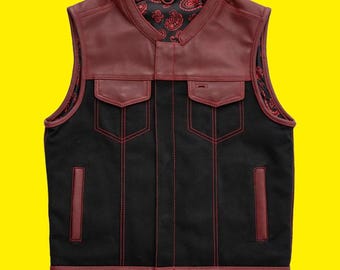 Chaleco de motociclista de cuero de búfalo: estilo club de motociclistas de lona
