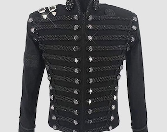 Jaqueta militar Michael Jackson feita à mão | Casaco de lã preta estilo hussardo feito à mão