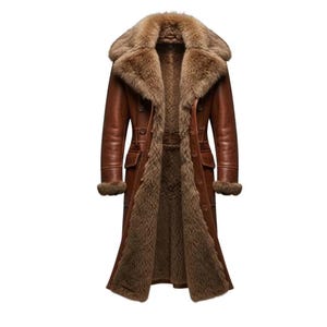 May include: A brown leather coat with a fur collar and lining. The long coat has a double-breasted design with button closures, pockets, and fur trim on the cuffs. The coat is a classic outerwear piece.