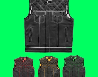 Buffalo Leather Biker Vest: Club Style Motorcycle Vest with Checkered Lining