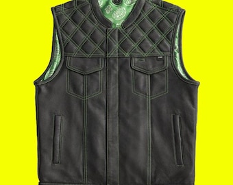 Chaleco de motociclista de cuero de búfalo: estilo club con acolchado de rombos