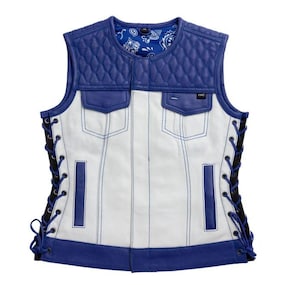 Womens Leather Motorcycle Vest White and Blue | Club Style Biker Vest | Riding Gear for Women